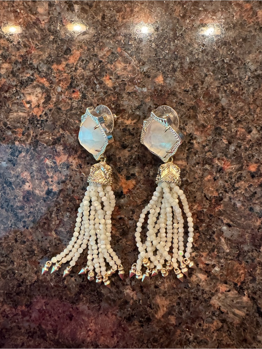 Kendra Scott White Beaded Tassel Drop Earrings with Gold Accents